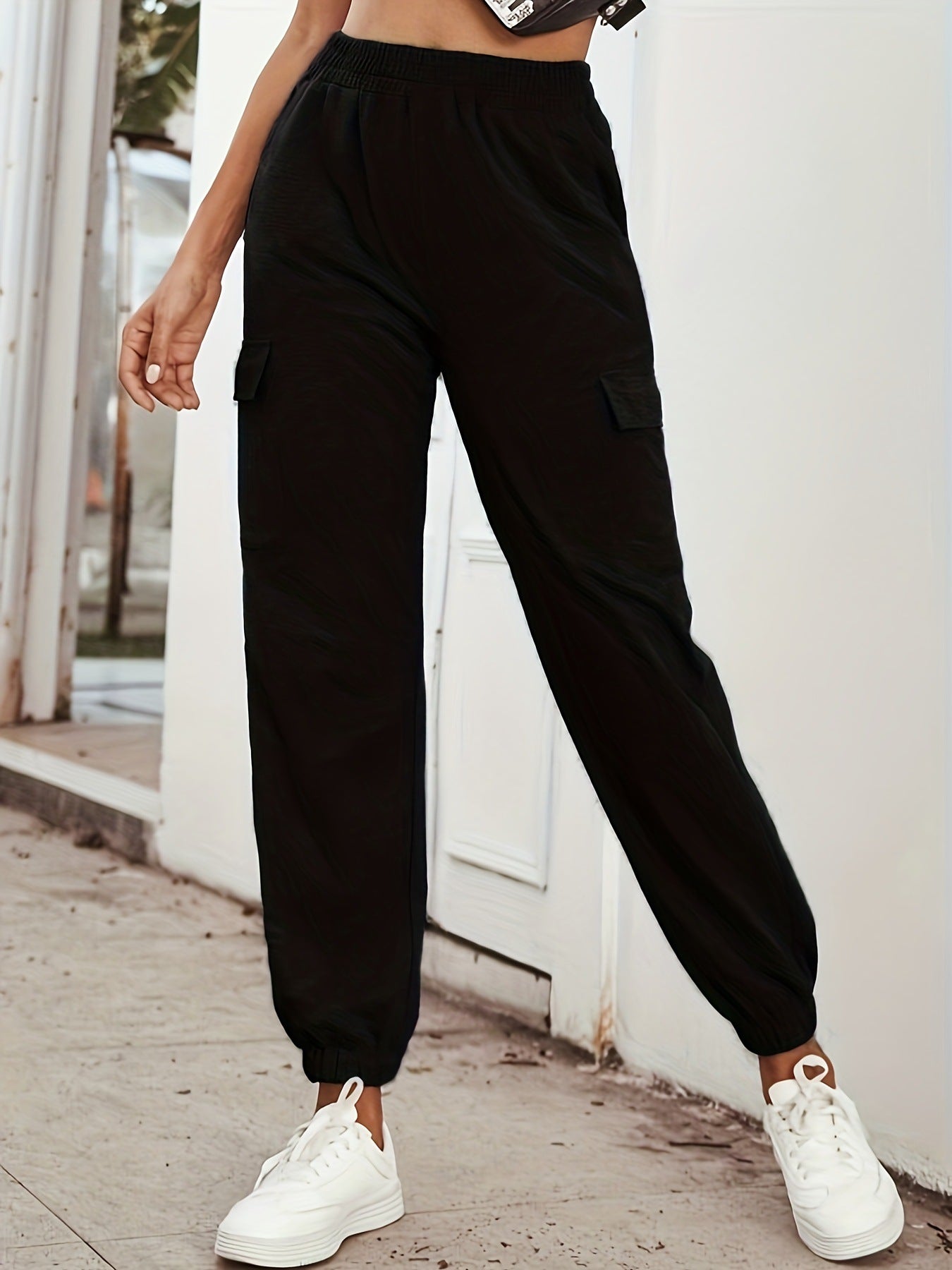 Solid-color High-waisted Pocket Casual Pants For Women