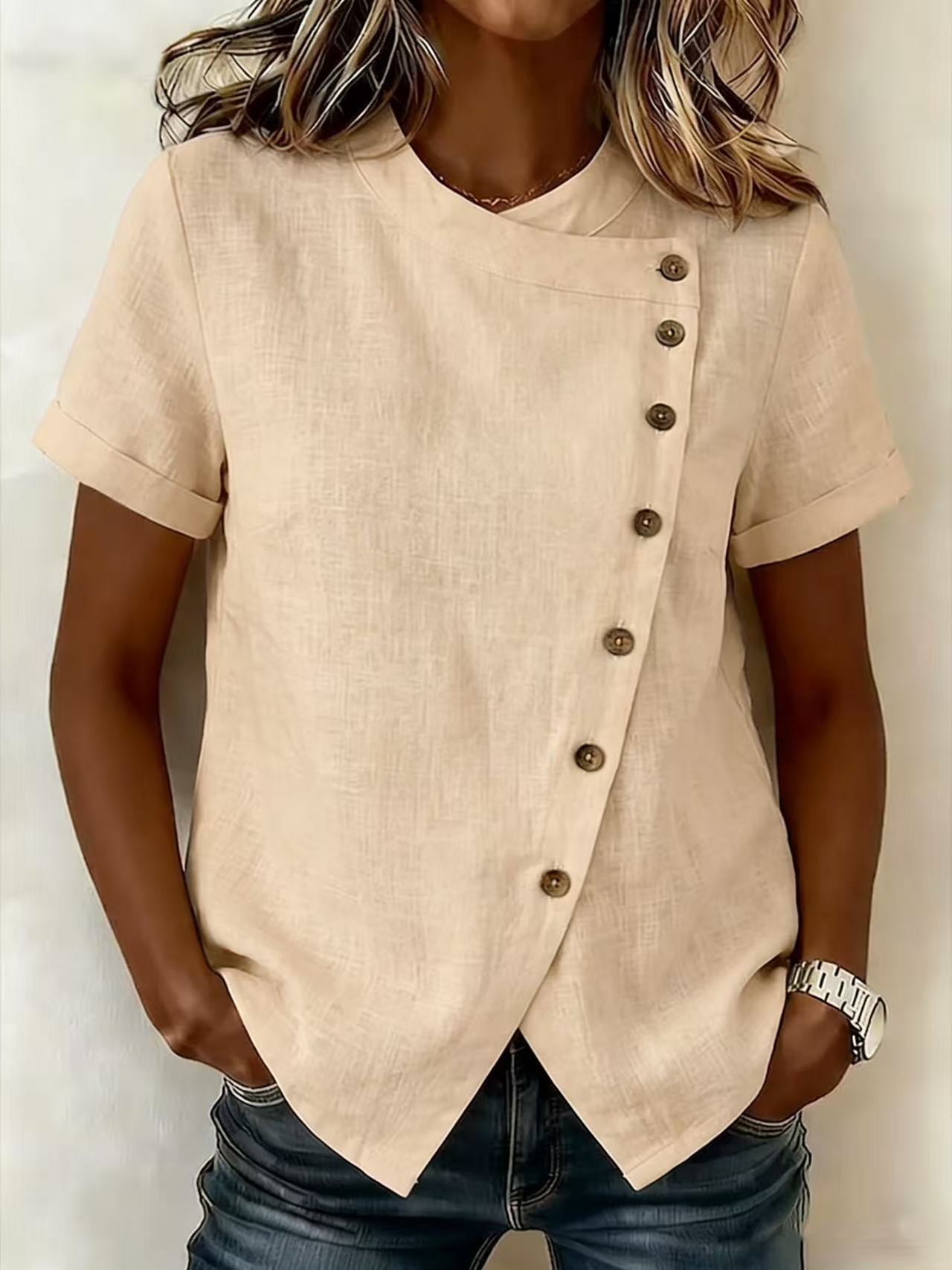 New Solid-Color Cross-Neckline Short-Sleeve Loose Cotton-Linen Asymmetrical Top