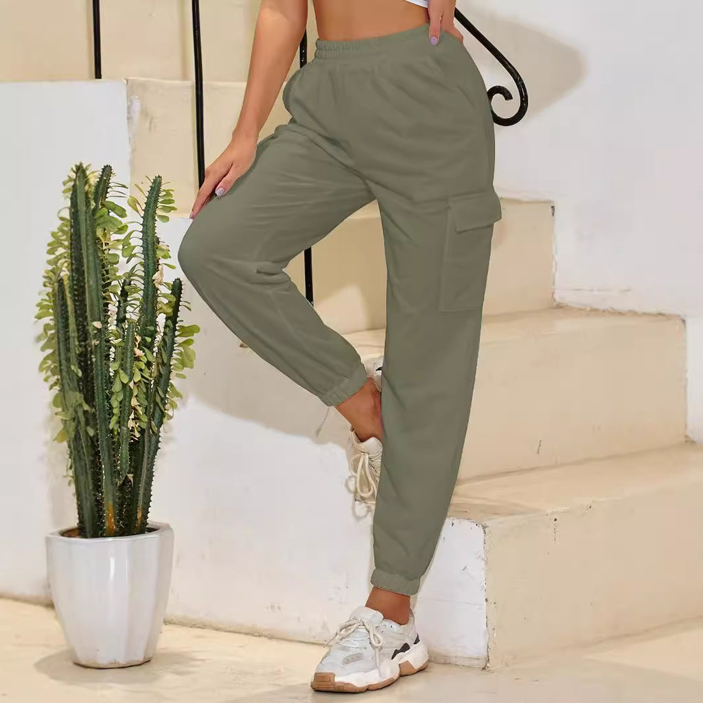 Solid-color High-waisted Pocket Casual Pants For Women