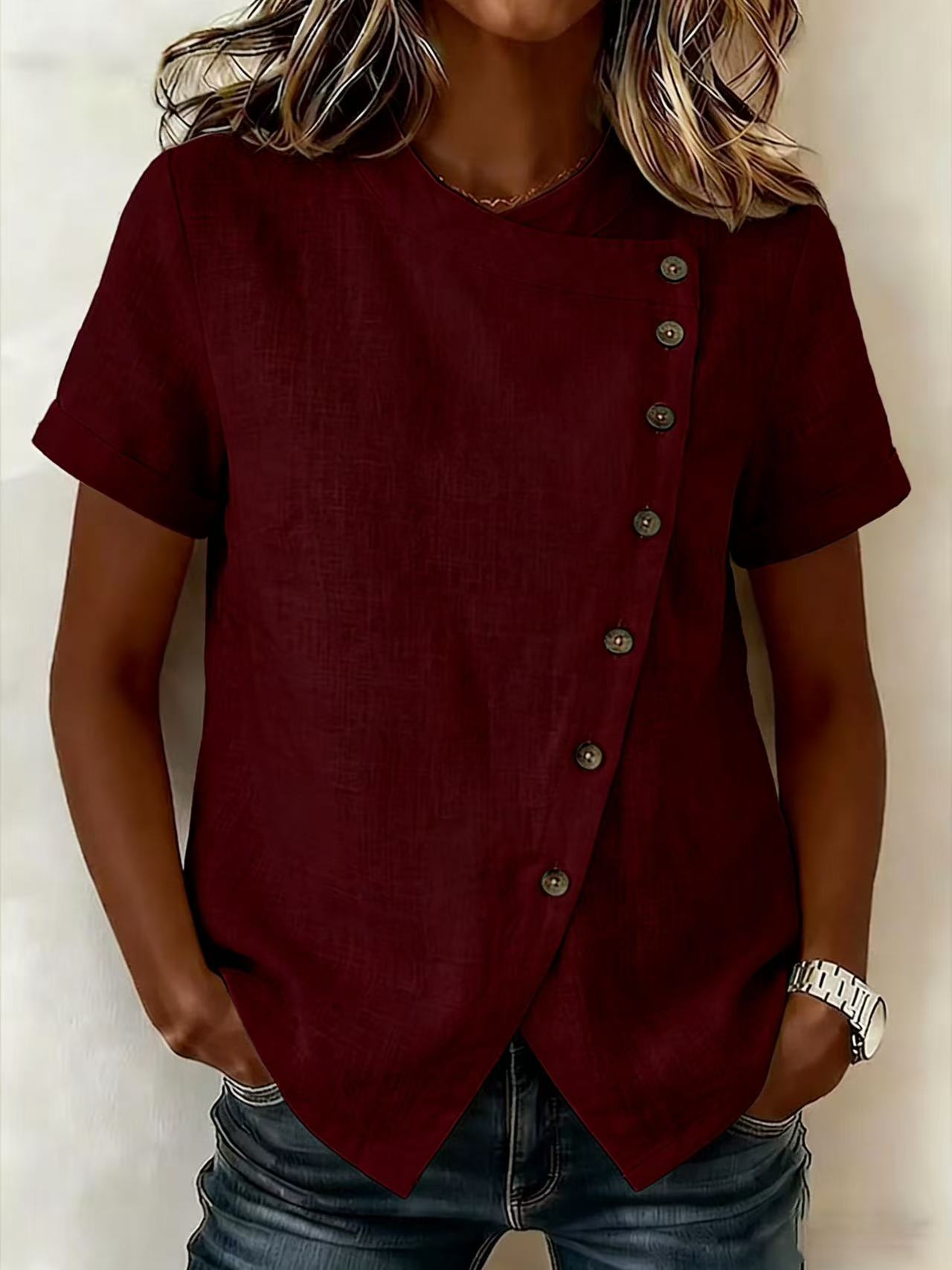 New Solid-Color Cross-Neckline Short-Sleeve Loose Cotton-Linen Asymmetrical Top