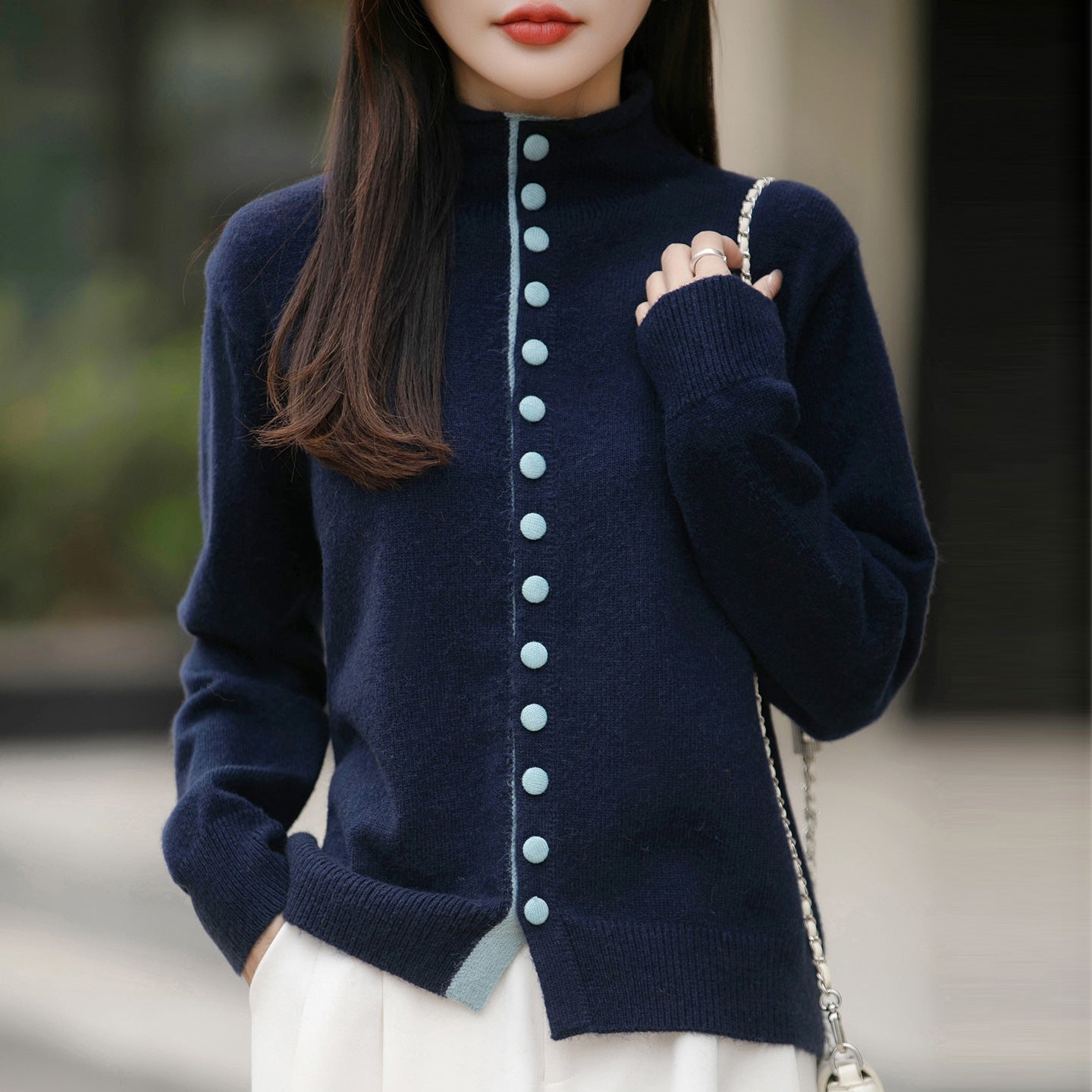 Old Money Style Color-Block Knitted Cardigan Womens Chic Contrasting Color Sweater Coat