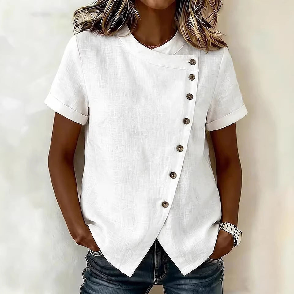 New Solid-Color Cross-Neckline Short-Sleeve Loose Cotton-Linen Asymmetrical Top