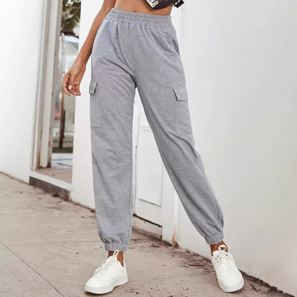 Solid-color High-waisted Pocket Casual Pants For Women