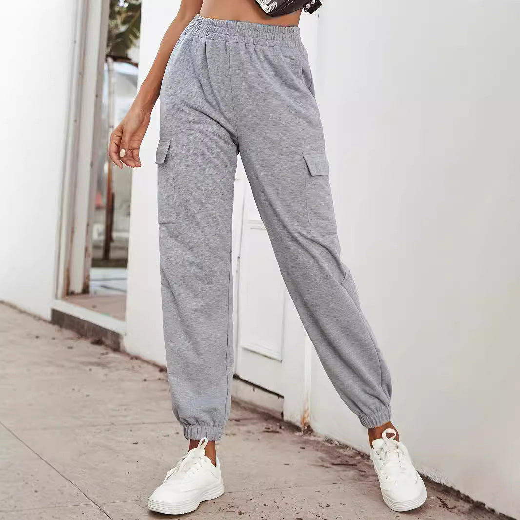 Solid-color High-waisted Pocket Casual Pants For Women