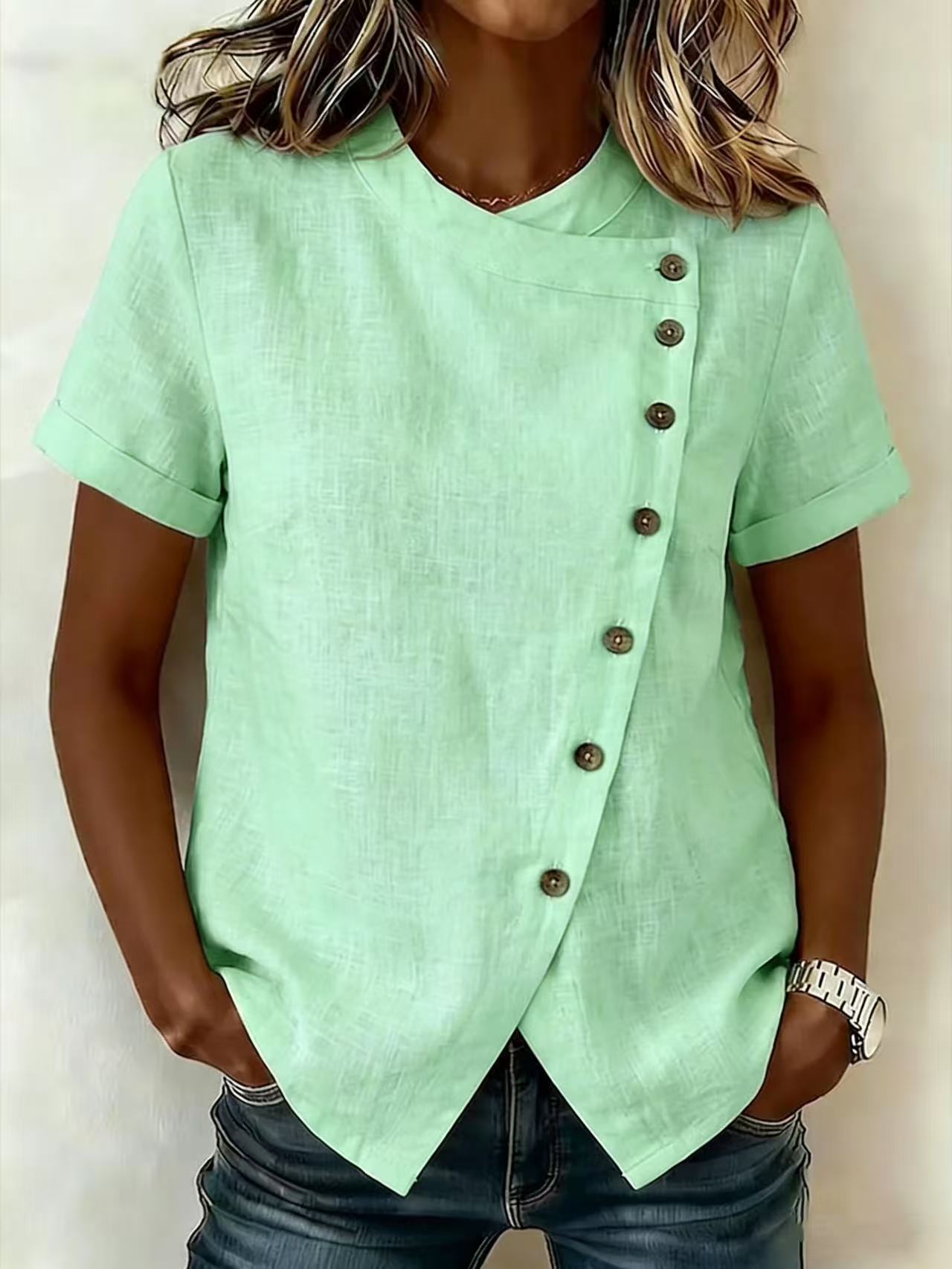 New Solid-Color Cross-Neckline Short-Sleeve Loose Cotton-Linen Asymmetrical Top