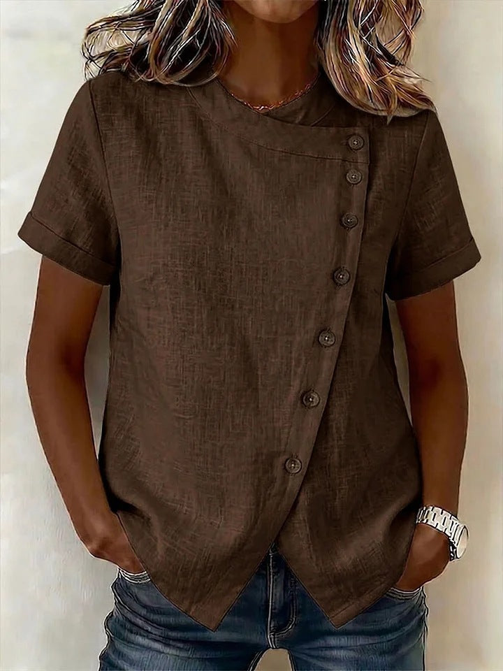 New Solid-Color Cross-Neckline Short-Sleeve Loose Cotton-Linen Asymmetrical Top