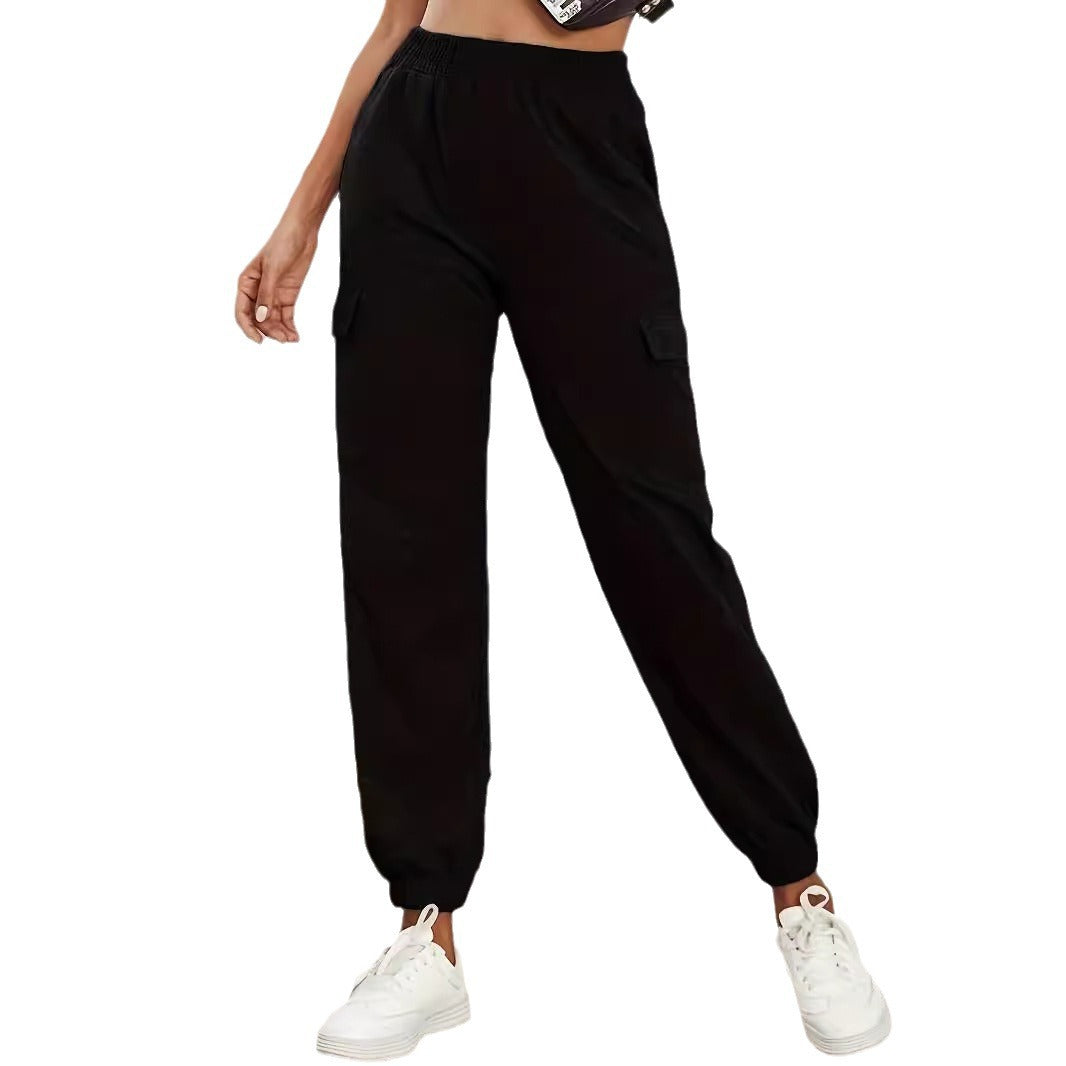 Solid-color High-waisted Pocket Casual Pants For Women