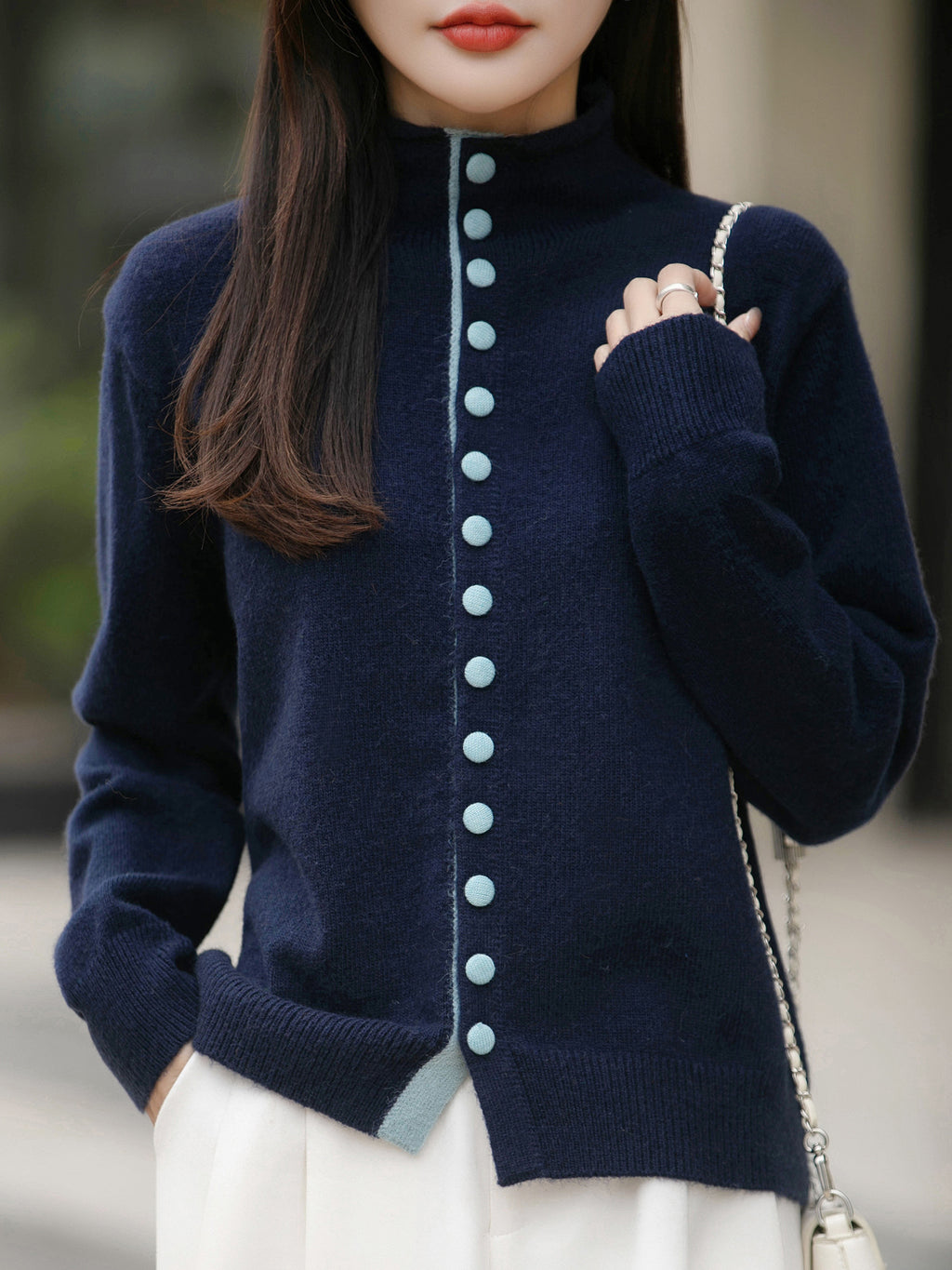 Old Money Style Color-Block Knitted Cardigan Womens Chic Contrasting Color Sweater Coat