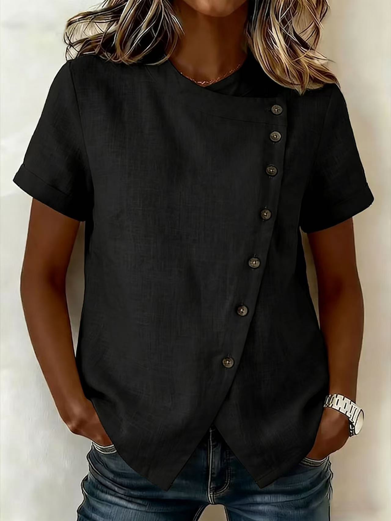 New Solid-Color Cross-Neckline Short-Sleeve Loose Cotton-Linen Asymmetrical Top