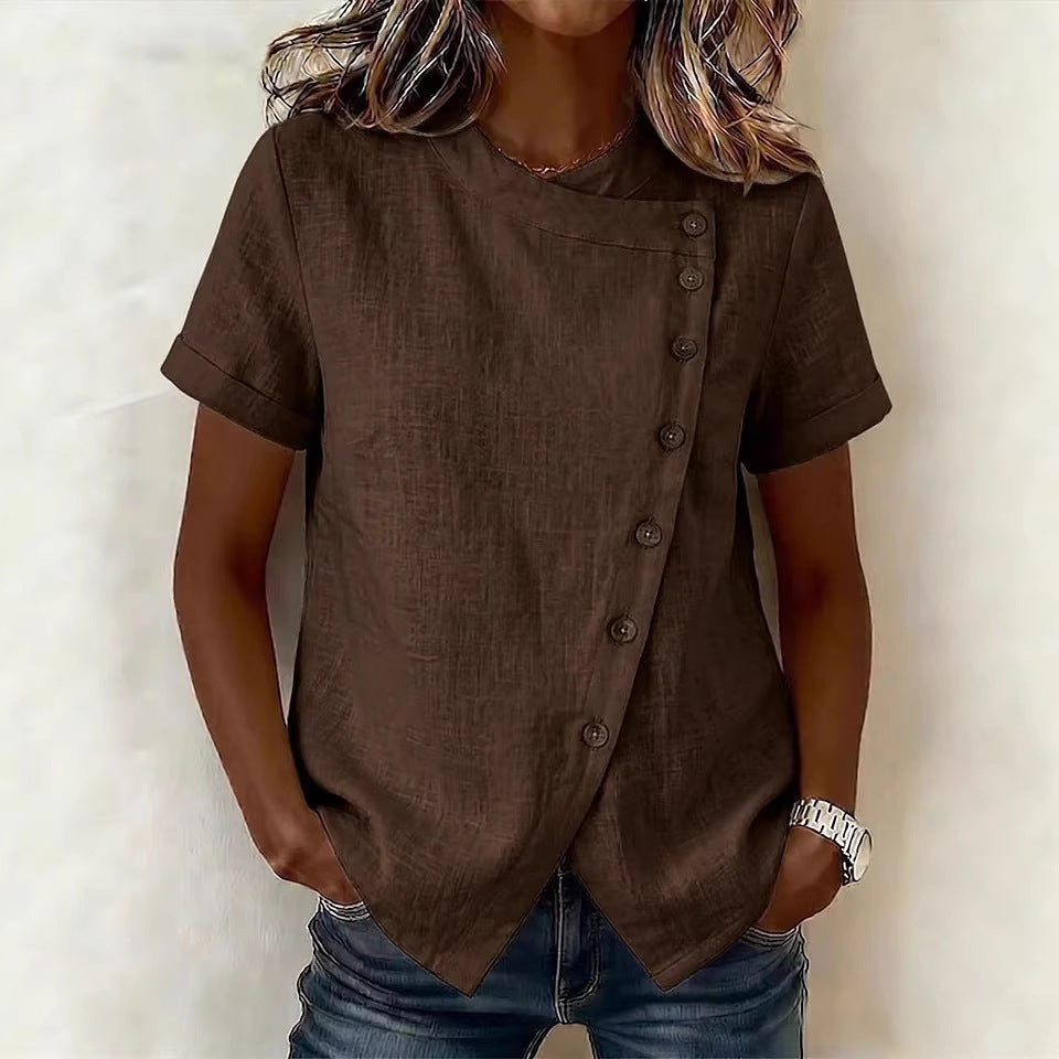 New Solid-Color Cross-Neckline Short-Sleeve Loose Cotton-Linen Asymmetrical Top