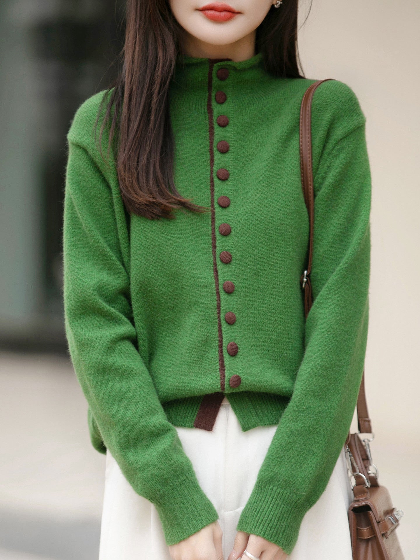 Old Money Style Color-Block Knitted Cardigan Womens Chic Contrasting Color Sweater Coat
