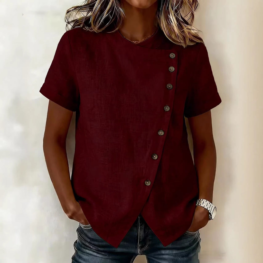 New Solid-Color Cross-Neckline Short-Sleeve Loose Cotton-Linen Asymmetrical Top