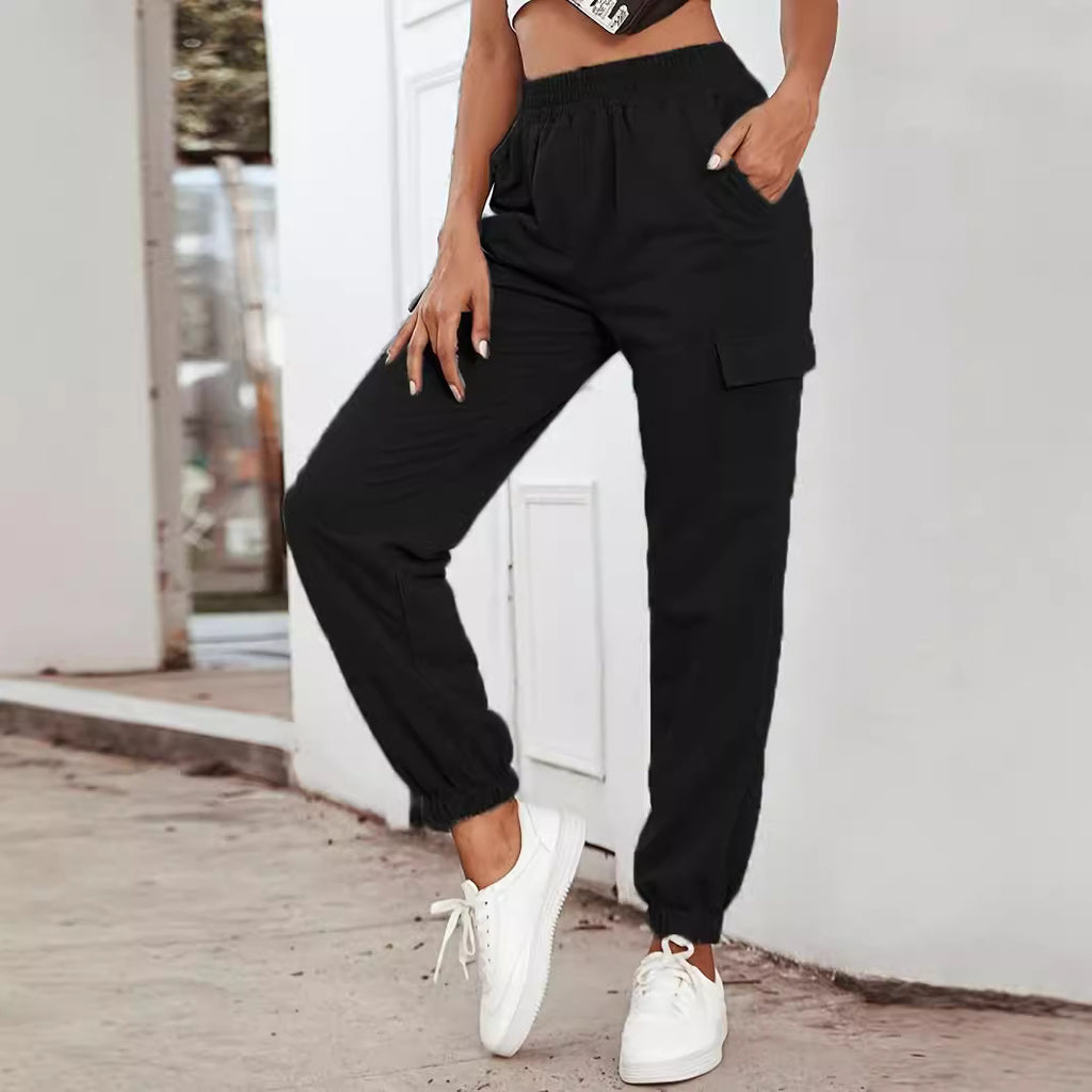 Solid-color High-waisted Pocket Casual Pants For Women