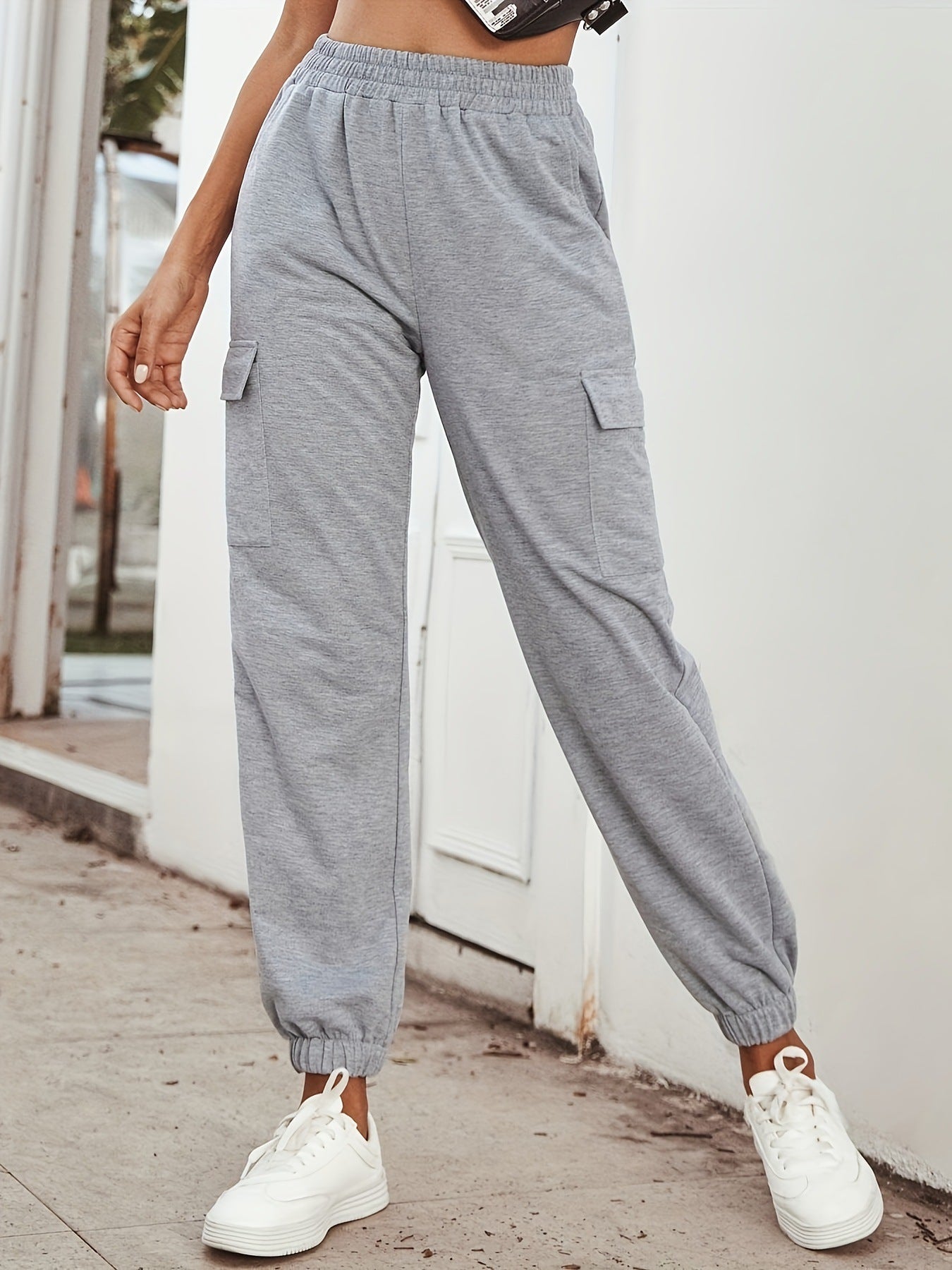 Solid-color High-waisted Pocket Casual Pants For Women