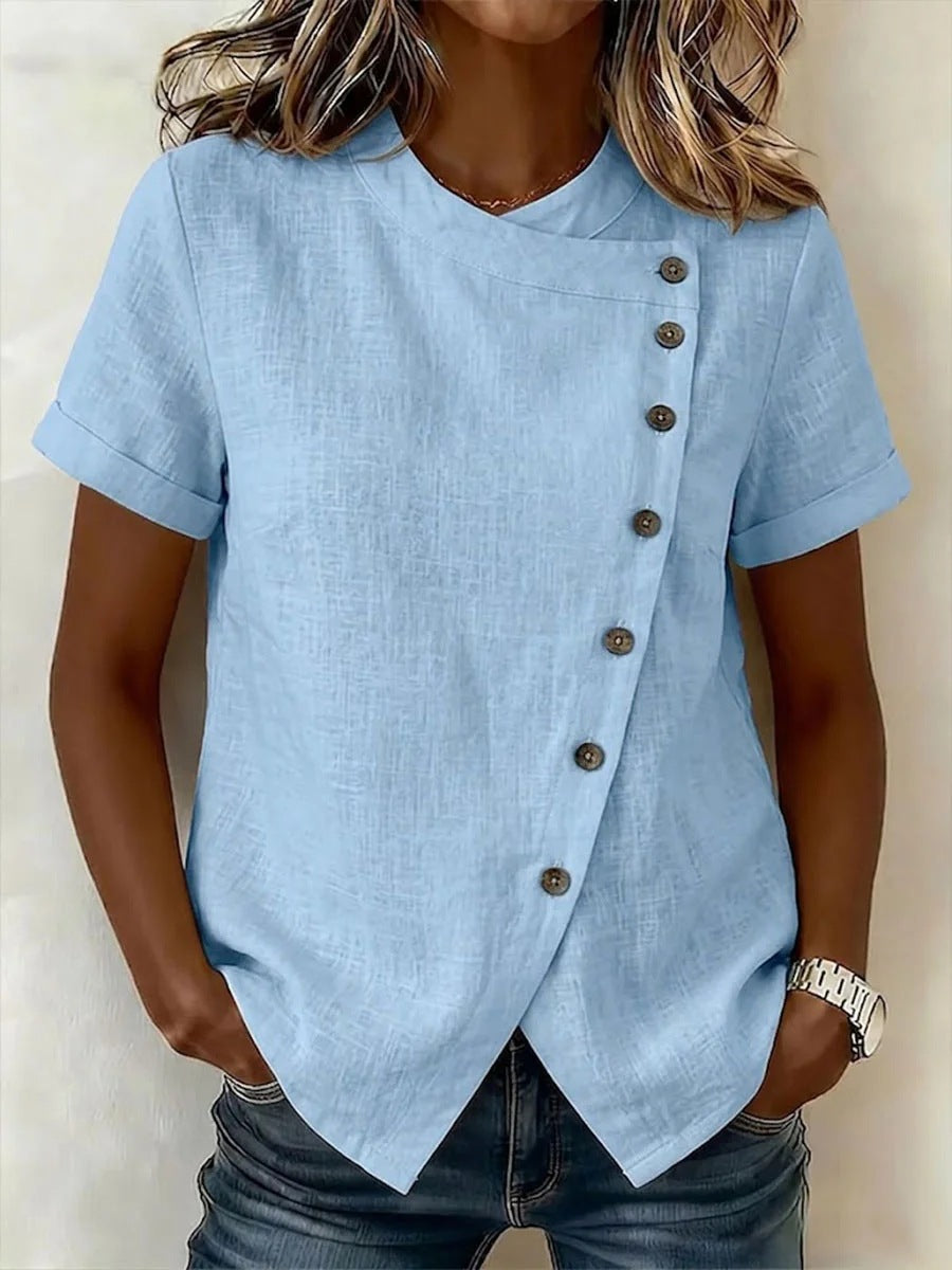 New Solid-Color Cross-Neckline Short-Sleeve Loose Cotton-Linen Asymmetrical Top