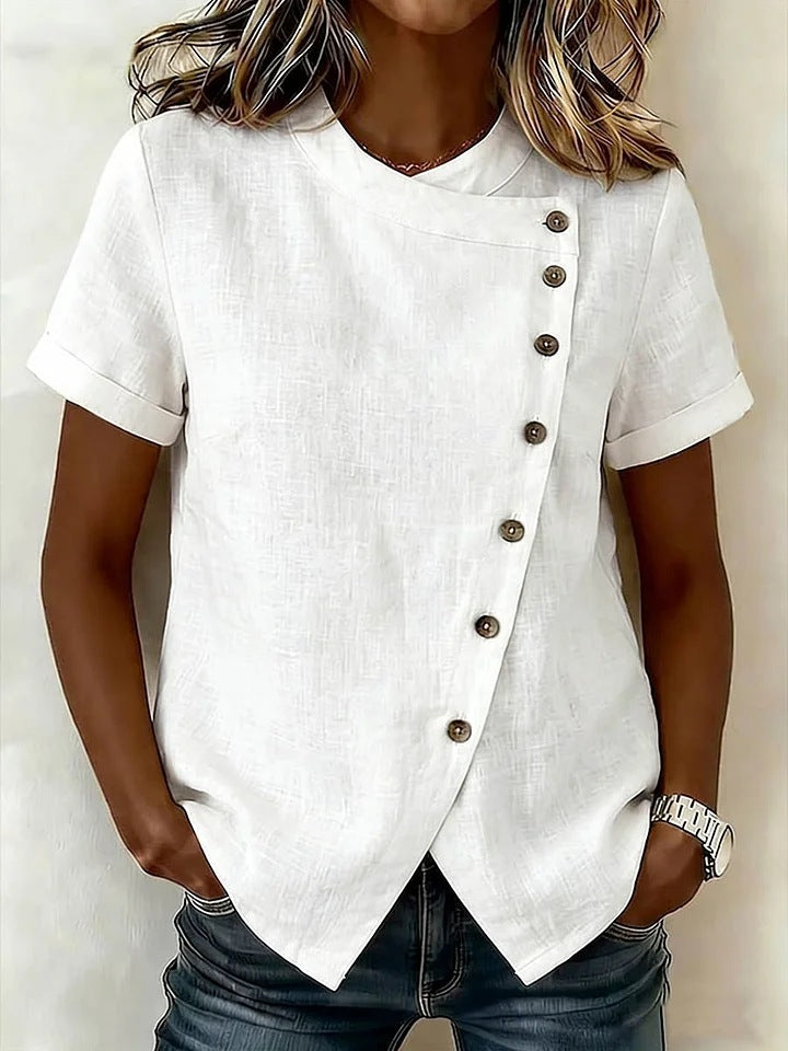 New Solid-Color Cross-Neckline Short-Sleeve Loose Cotton-Linen Asymmetrical Top